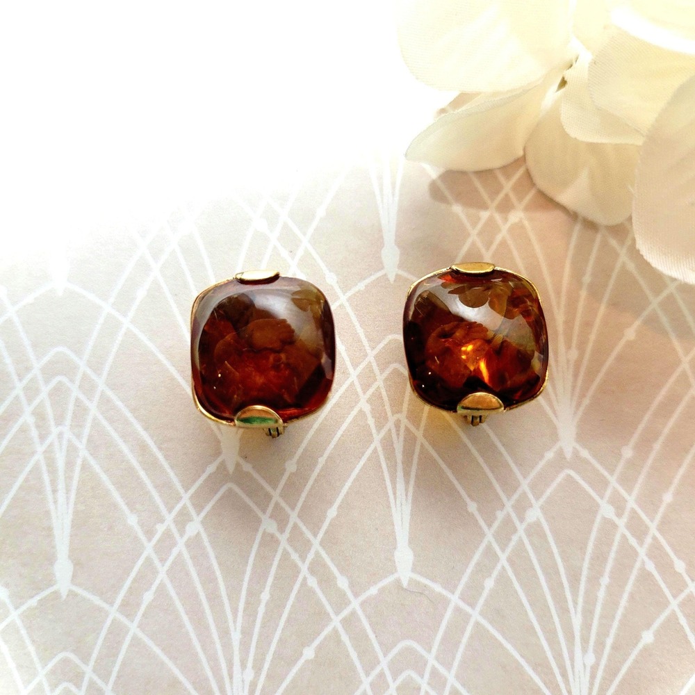 Vintage Monet Faux Amber Lucite Clip On Earrings, 1960s Mid Century Cushion Cut